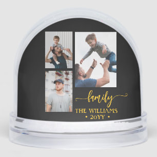 family 3 photo collage black gold script magnet snowglobe