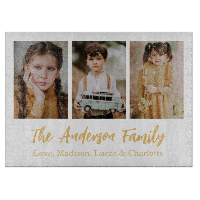 Family 3 Photo Collage Keepsake Cutting Board (Front)