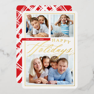 FAMILY 3 PHOTO cute calligraphy pretty script gold Foil Holiday Card