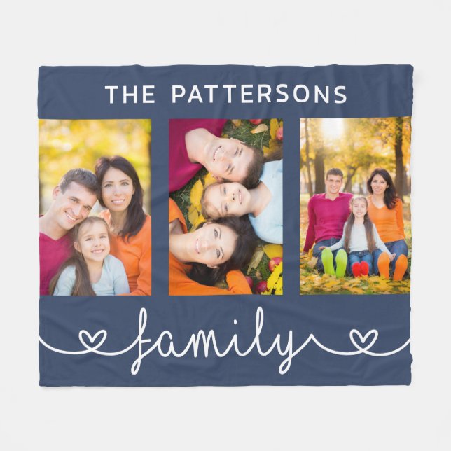 Family 3 Photo Template Personalized Script Fleece Blanket (Front (Horizontal))