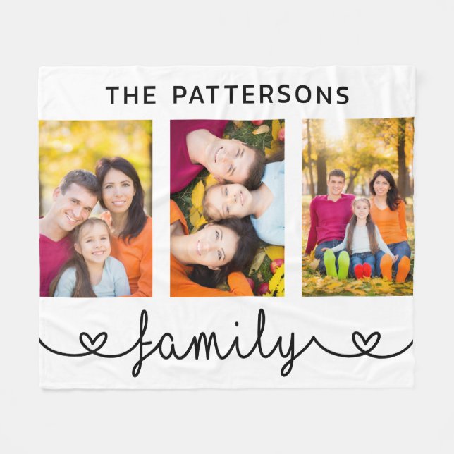 Family 3 Photo Template Personalized Script Fleece Blanket (Front (Horizontal))