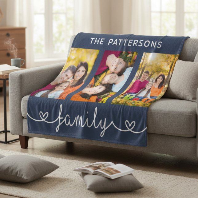 Family 3 Photo Template Personalized Script Fleece Blanket (Creator Uploaded)
