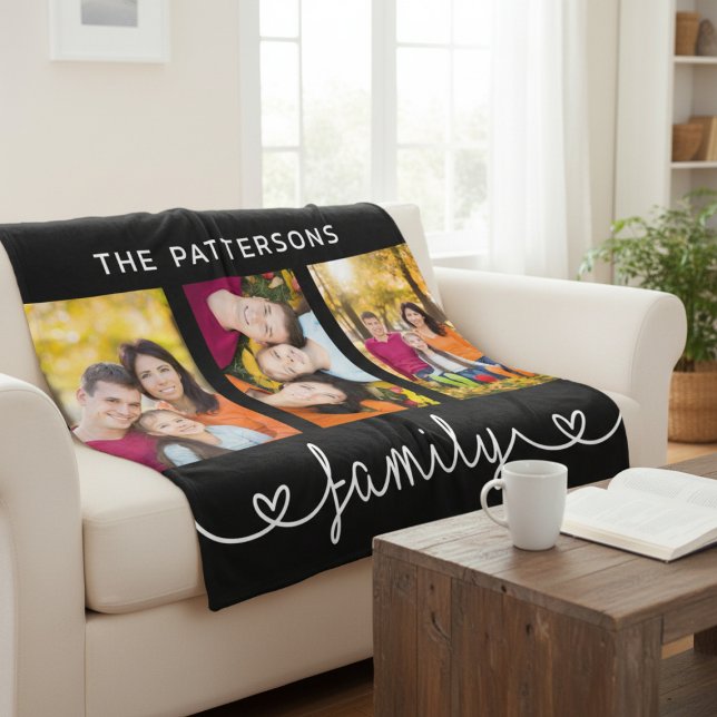 Family 3 Photo Template Personalized Script Fleece Blanket (Creator Uploaded)