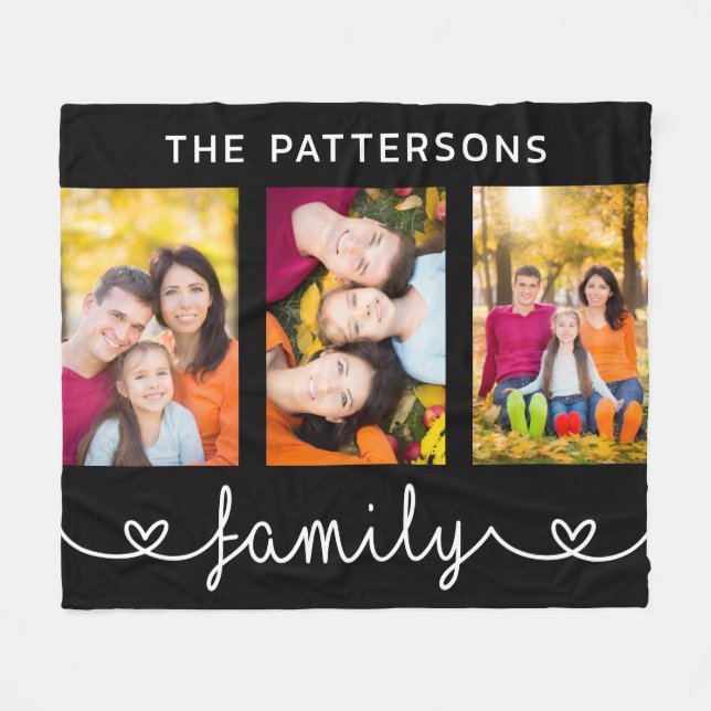 Family 3 Photo Template Personalized Script Fleece Blanket (Front (Horizontal))