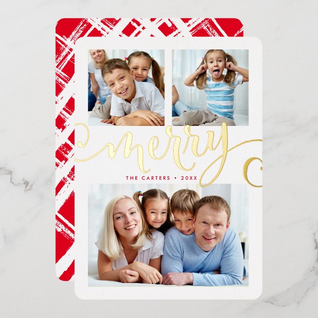 FAMILY 3 PHOTO whimsical calligraphy MERRY gold Foil Holiday Card (Front/Back)