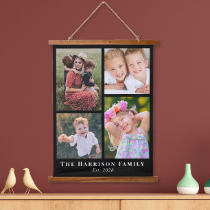 Family 4 Photo Collage Black Hanging Tapestry