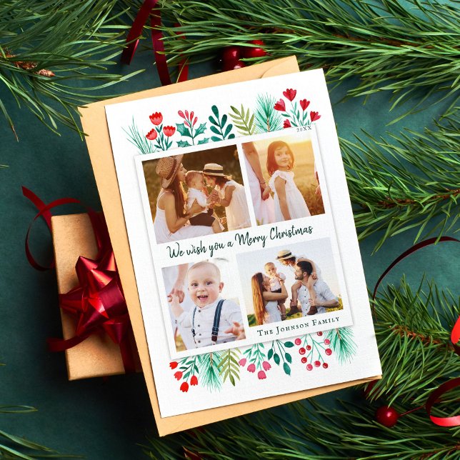 Family 4 Photo Collage Watercolor Foliage  Holiday Card (Family Christmas Card with Photos and Watercolor)