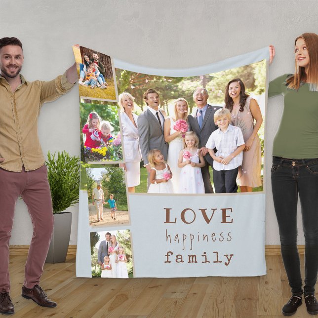 Family 5 Photo Collage Blue Love Happiness Fleece Blanket (Creator Uploaded)