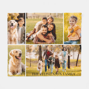 Family 5 Photo Collage Name Simple Fleece Blanket