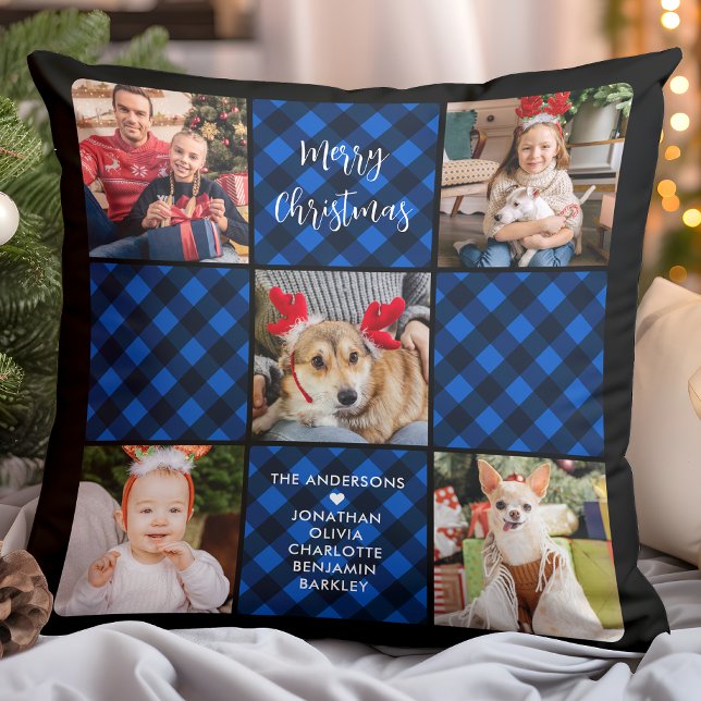 Family 5 Photo Collage Personalized Blue Plaid Throw Pillow (Creator Uploaded)