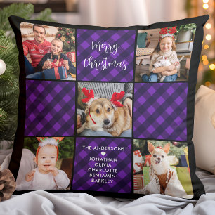 Family 5 Photo Collage Personalized Holiday Plaid Throw Pillow