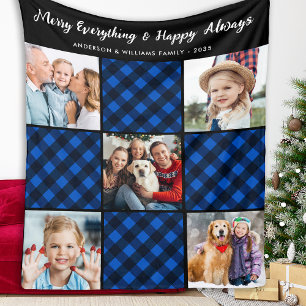 Family 5 Picture Patchwork Personalized Blue Plaid Fleece Blanket