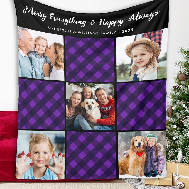 Family 5 Picture Personalized Holiday Plaid Quilt Fleece Blanket (Creator Uploaded)
