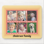 Family 6 Photo Collage Coral and Yellow Mouse Pad<br><div class="desc">This photo collage design is a perfect gift for any family member. The 6 photo frames allow you to add all your favourite family photos. Personalize this yellow and coral coloured  mouse pad with your family name.</div>