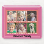 Family 6 Photo Collage Pink Mouse Pad<br><div class="desc">This mouse pad design is a perfect photo gift for any family member. The 6 photo frame collage allows you to add all your favourite family photos. Personalize this bright pink and orange mouse pad with your family name.</div>
