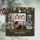 Family 6 Photo Collage Snowflakes Merry Christmas Ceramic Ornament<br><div class="desc">Family 6 Photo Collage Snowflakes Merry Christmas Ceramic Ornament. Cute modern Christmas design with a snowflake pattern on dark brown background,  6 photos,  Merry Christmas wish,  family name and year. Add 6 favourite photos and customize the text. Sweet Christmas keepsake or gift for your family and friends.</div>