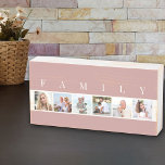 FAMILY 6 Photo Collage Square Picture Strip Pink Wooden Box Sign<br><div class="desc">Distressed wooden box sign personalized with your family photos. The photo template is set up for you to add 6 of your favourite pictures, which are displayed in square format in a simple, strip style, photo collage. Above your pictures, the word "FAMILY" is lettered in modern typography. This smart and...</div>