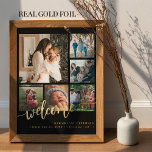 Family 6 photo collage welcome new baby foil prints<br><div class="desc">Elegant modern welcome gold foil handwritten calligraphy script with six custom family photos solid black keepsake poster template.              Personalize it with the newborn name and stats. Please note that the background colour is changeable. You can replace the black with any other colour after selecting CUSTOMIZE option.</div>