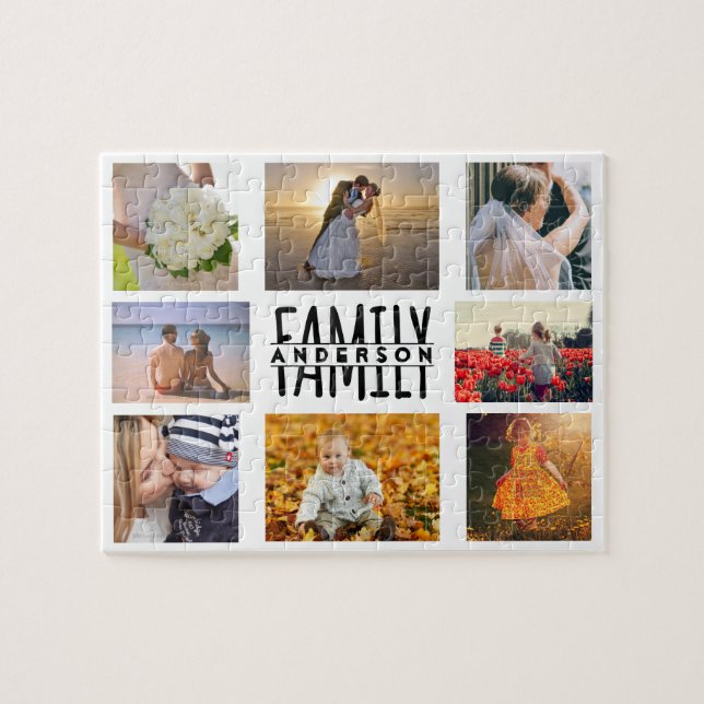 Family 8 Photo Collage and Name DIY Template White Jigsaw Puzzle (Horizontal)