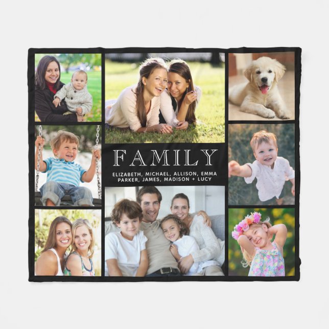 Family 8 Photo Collage Black Fleece Blanket (Front (Horizontal))