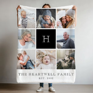 Family 8 Photo Collage Monogram Black and White Fleece Blanket