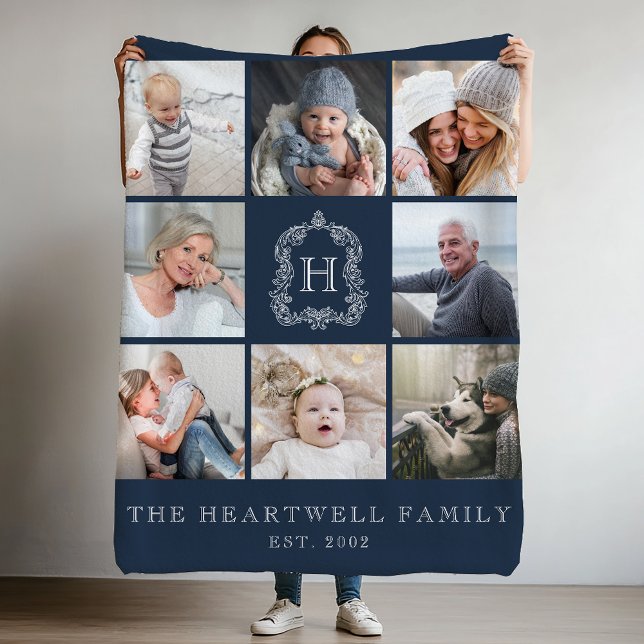 Family 8 Photo Collage Monogram Crest Navy Blue Fleece Blanket (Creator Uploaded)