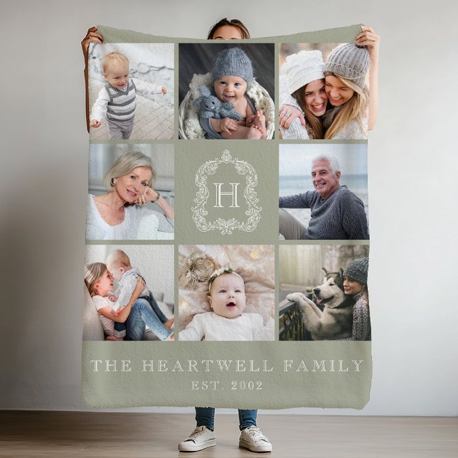 Family 8 Photo Collage Monogram Crest Sage Green Fleece Blanket (Creator Uploaded)