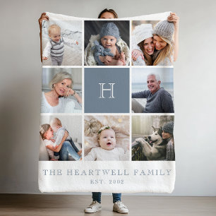 Family 8 Photo Collage Monogram Dusty Blue Fleece Blanket