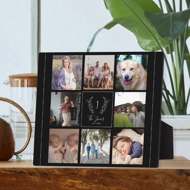 Family 8 photo collage monogram name personalized plaque (Creator Uploaded)