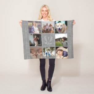 Family 8 photo collage monogram name rustic burlap fleece blanket