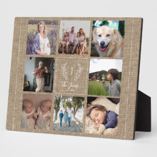 Family 8 photo collage monogram name rustic plaque