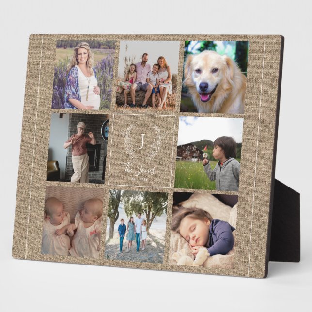 Family 8 photo collage monogram name rustic plaque (Side)