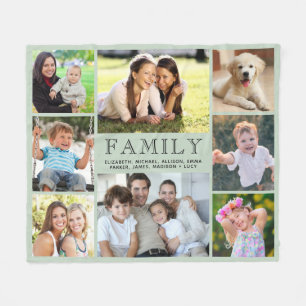 Family 8 Photo Collage Sage Green Fleece Blanket