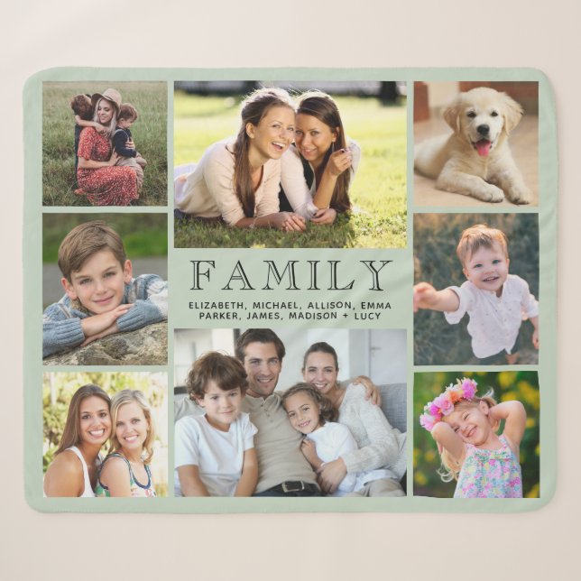 Family 8 Photo Collage Sage Green Sherpa Blanket (Front (Horizontal))