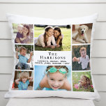 Family 8 Photo Collage White Throw Pillow<br><div class="desc">A custom white photo pillow to celebrate your family featuring an 8 photo collage,  your last name in elegant serif typography and everyone's first names in simple modern lettering.</div>