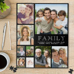 Family 9 Photo Collage Jigsaw Puzzle<br><div class="desc">A custom 9 photo collage puzzle for your family featuring your favourite pictures, and "Family" and your names in white typography against a black background. The colours of the background and text can be changed by editing in the design tool.</div>