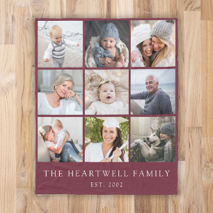 Family 9 Photo Collage Personalized Burgundy Fleece Blanket
