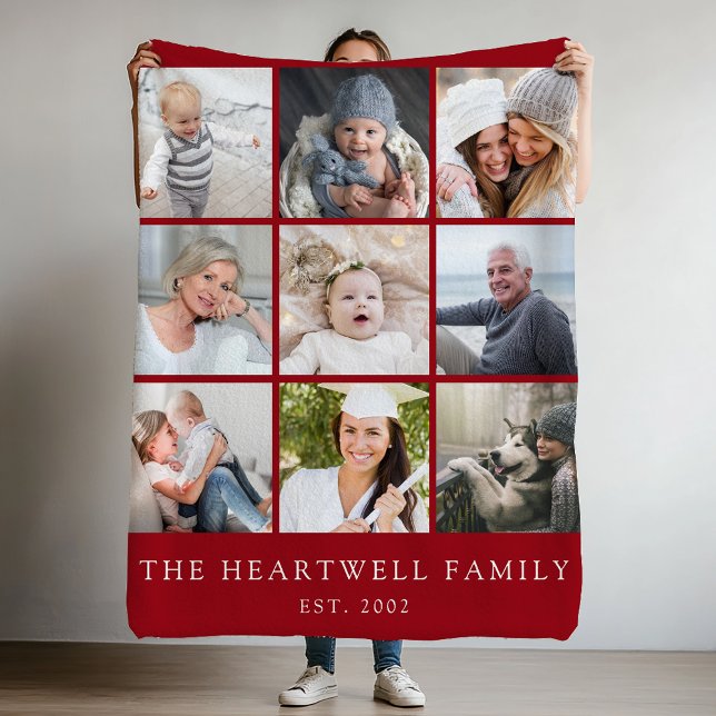 Family 9 Photo Collage Personalized Cranberry Red Fleece Blanket (Creator Uploaded)