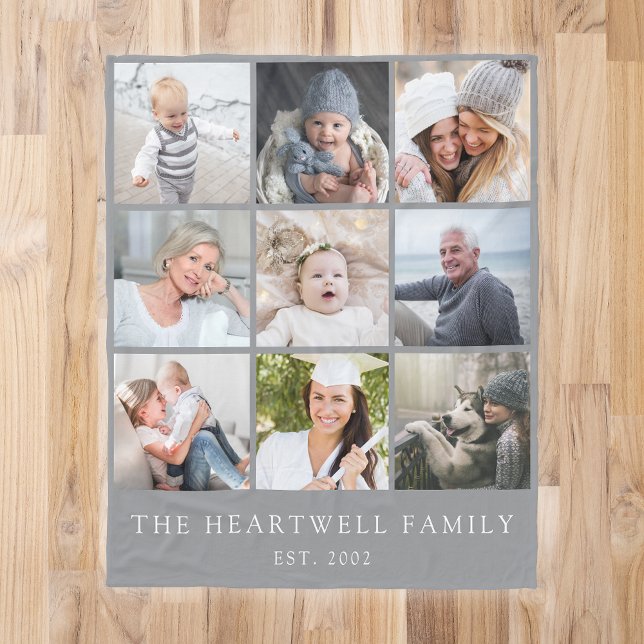 Family 9 Photo Collage Personalized Grey Fleece Blanket (Creator Uploaded)