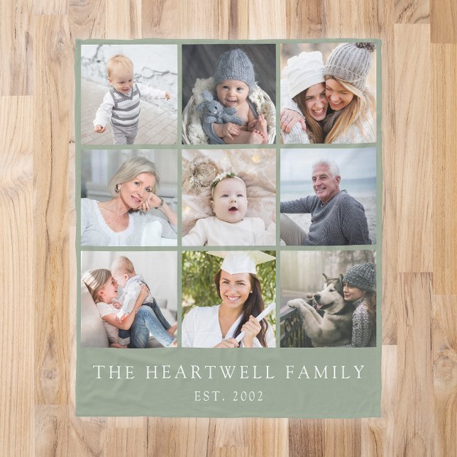 Family 9 Photo Collage Personalized Sage Green Fleece Blanket (Creator Uploaded)