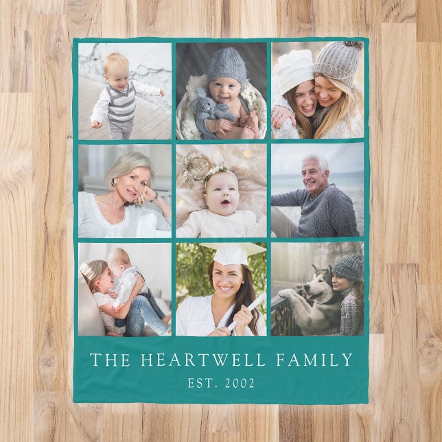 Family 9 Photo Collage Personalized Teal Blue Fleece Blanket (Creator Uploaded)