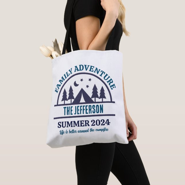 Family Adventure Camping Trip Personalized Name Tote Bag (Close Up)