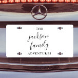 Family Adventures | Original Modern Minimalist License Plate<br><div class="desc">Personalized for your wonderful and everyday family adventures,  this license plate makes for the perfect gift or vacation accessory! The design features a handwritten scripyt typography is a modern minimalist style for any fun and stylish family! #family #adventures #custom #licenseplate</div>