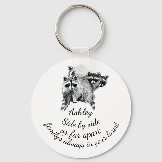 Family Always in Your Heart Quote Cute Raccoons Keychain (Front)