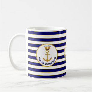 Family Anchor and Crown on Blue & White Striped Coffee Mug