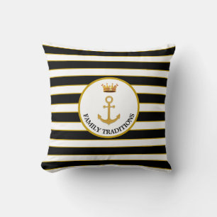 Family Anchor & Crown on Black & White Striped Throw Pillow