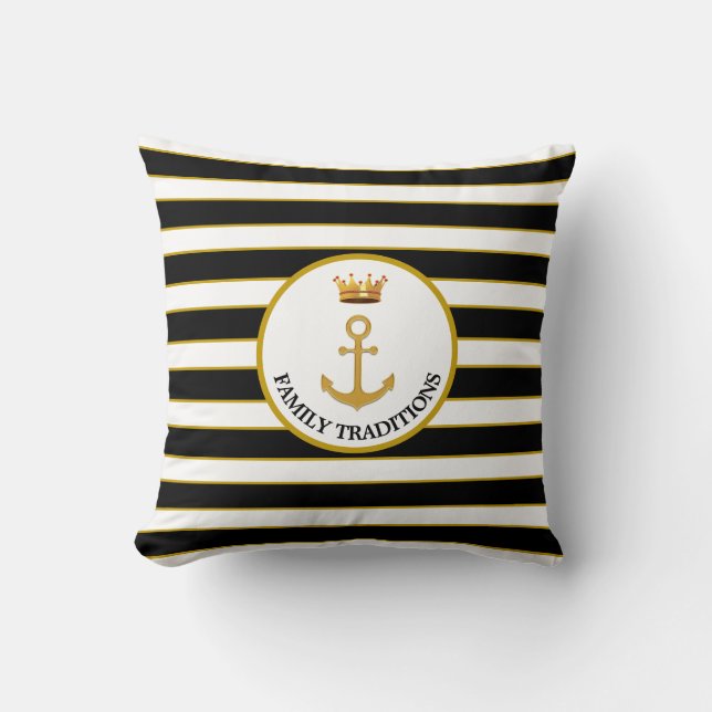 Family Anchor & Crown on Black & White Striped Throw Pillow (Front)