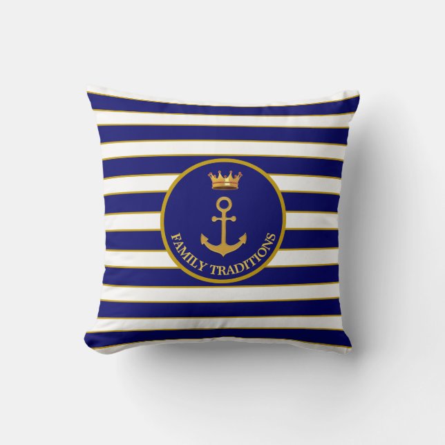 Family Anchor & Crown on Navy Blue & White Striped Throw Pillow (Front)