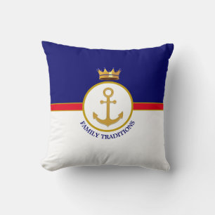 Family Anchor & Crown on Navy Blue & White Throw Pillow