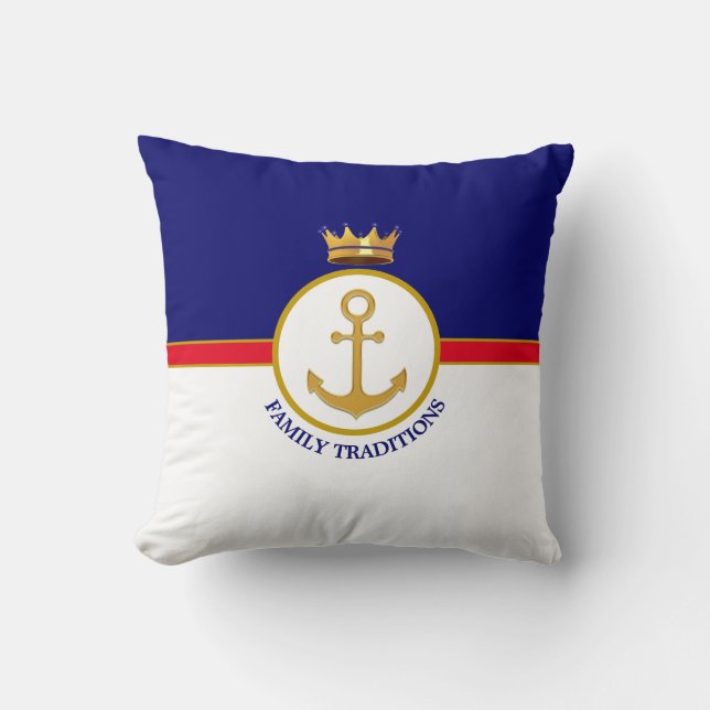 Family Anchor & Crown on Navy Blue & White Throw Pillow (Front)